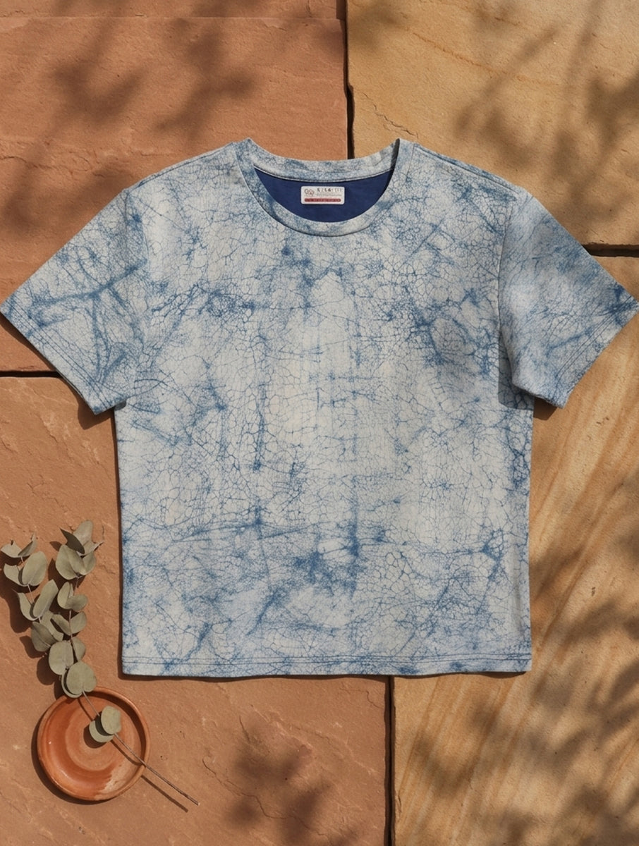 Indigo Cracked Dabu Printed Crop Top T-Shirt