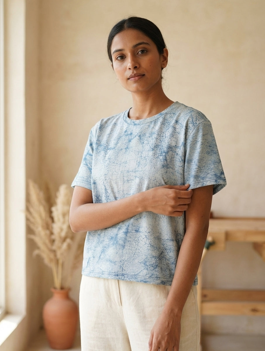 Indigo Cracked Dabu Printed Crop Top T-Shirt