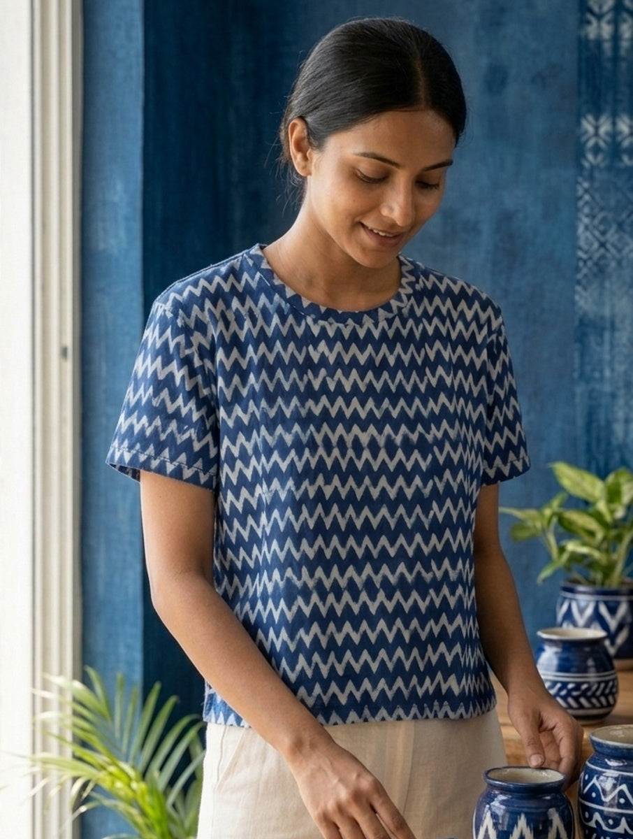 Indigo Leher Dabu Printed Crop Top T-Shirt