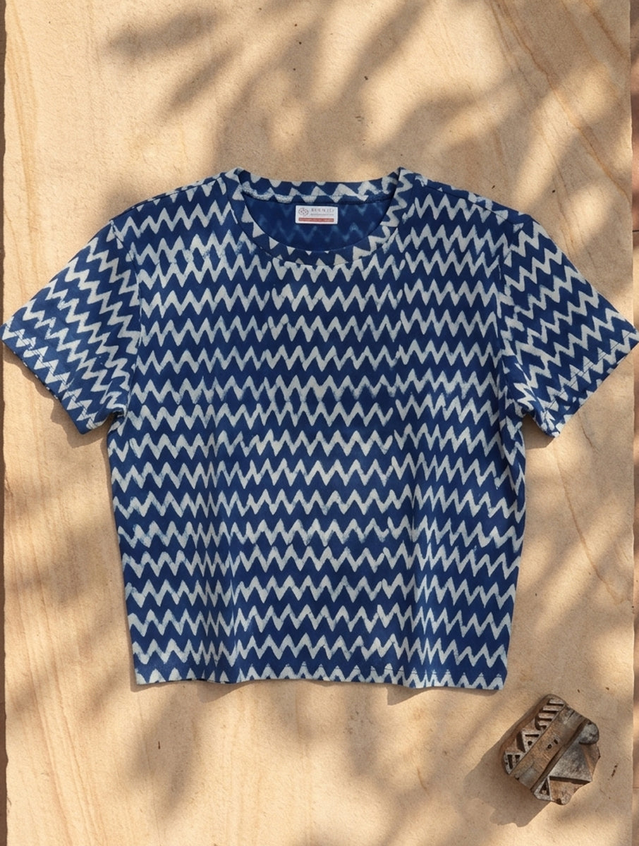 Indigo Leher Dabu Printed Crop Top T-Shirt