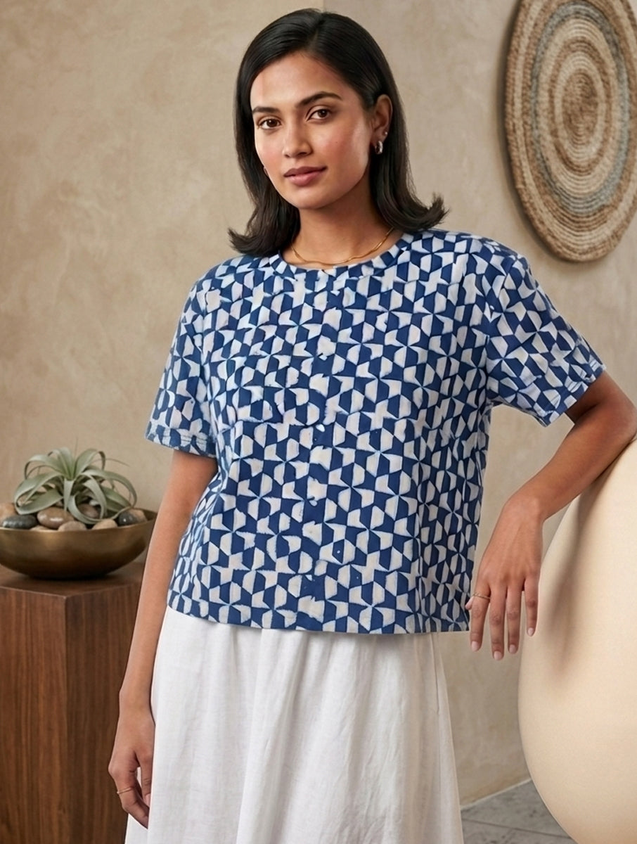 Indigo Tile Dabu Printed Crop Top T-Shirt