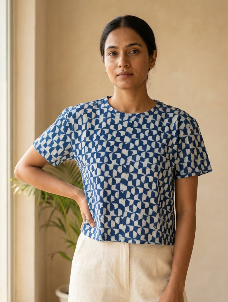 Indigo Tile Dabu Printed Crop Top T-Shirt