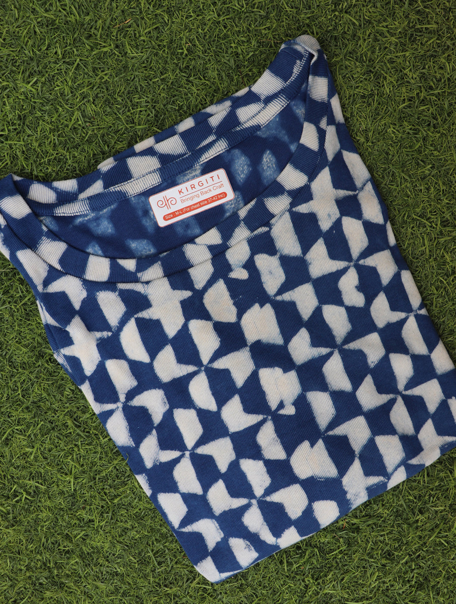 Indigo Tile Dabu Printed Crop Top T-Shirt