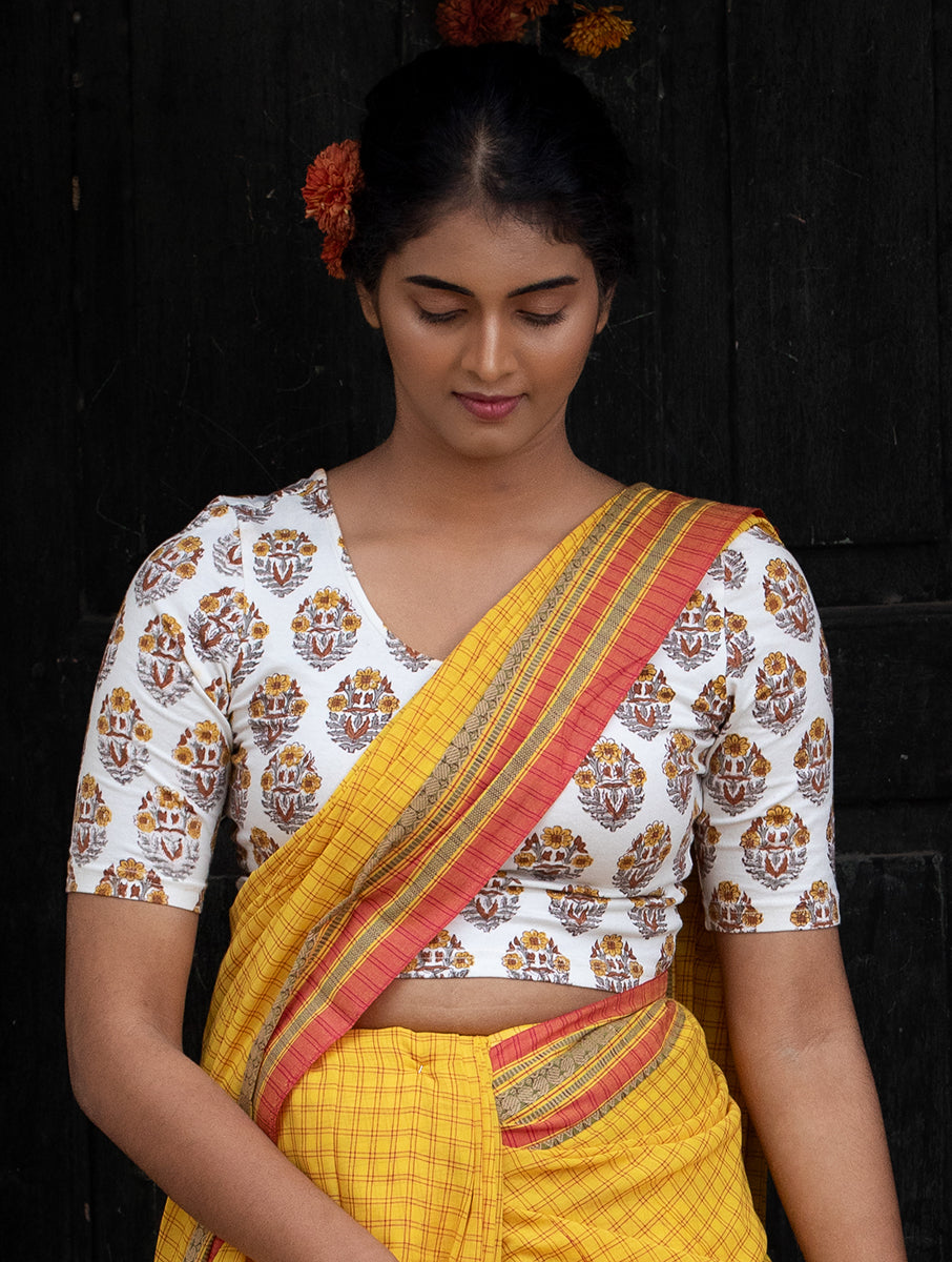 Mustard White Boota Sanganeri Stretchable Blouse/Crop Top