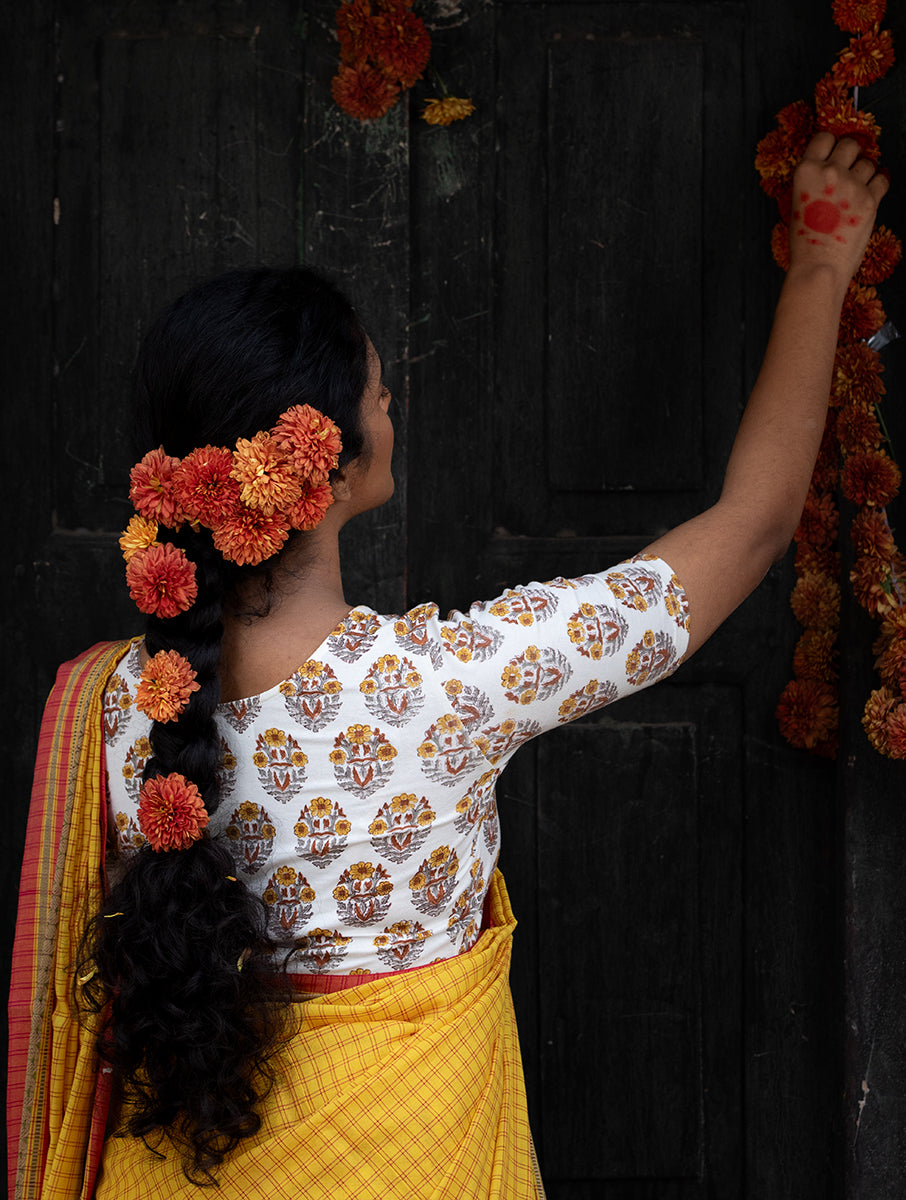 Mustard White Boota Sanganeri Stretchable Blouse/Crop Top