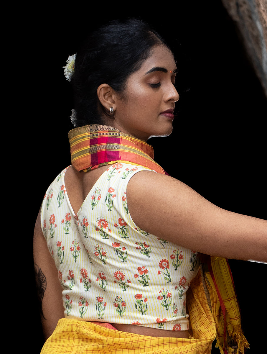 Yellow Striped and Boota Sanganeri Sleeveless Stretchable Blouse/Crop Top