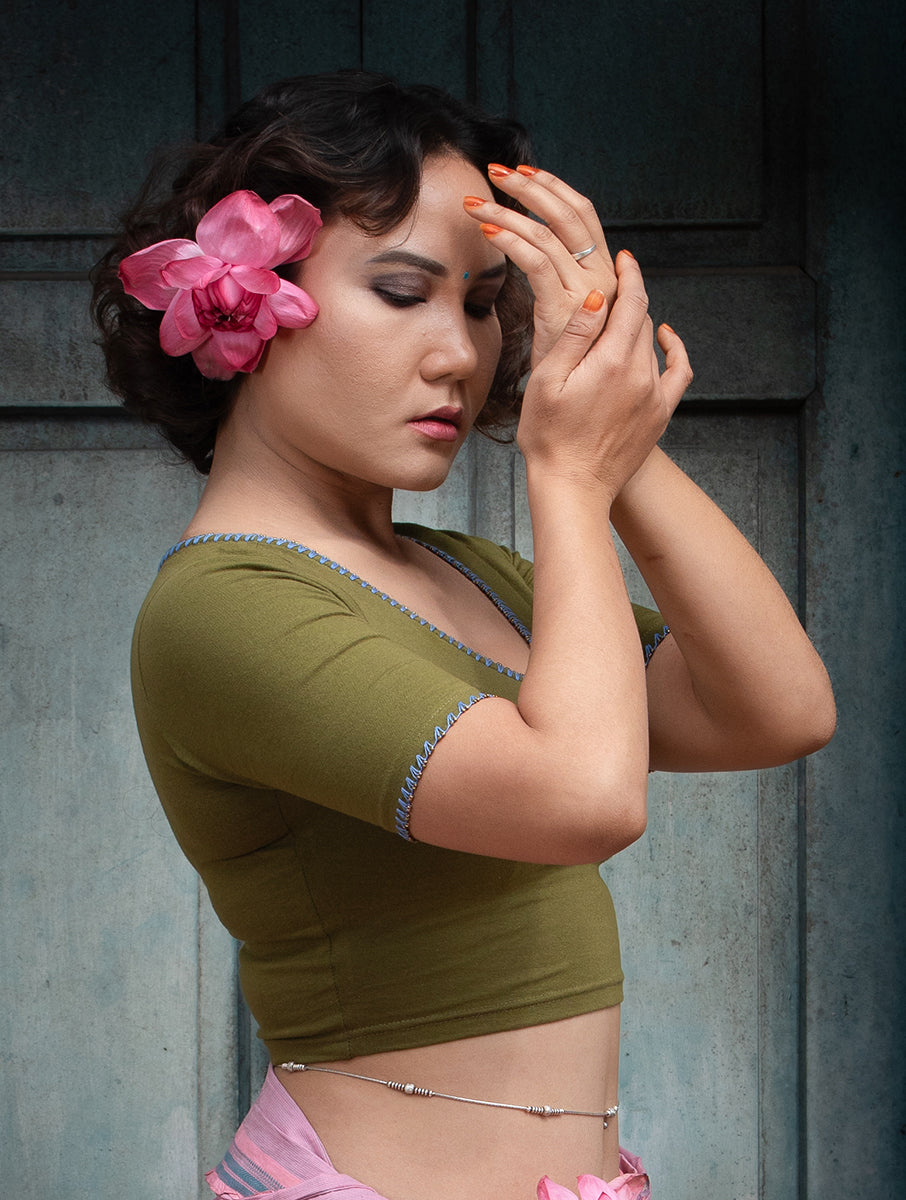 Mehandi Green Hand Embroidered Stretchable Blouse/Crop Top