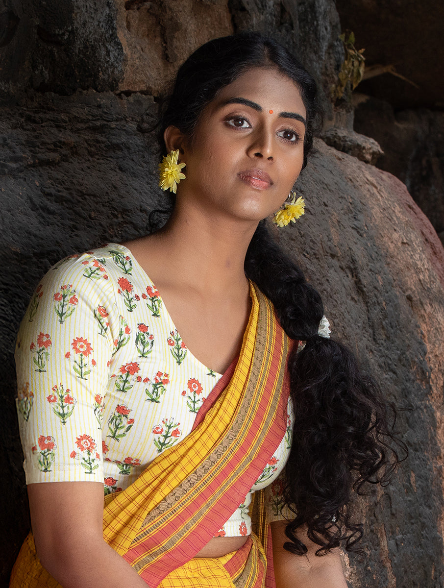 Yellow Striped and Boota Sanganeri Stretchable Blouse/Crop Top