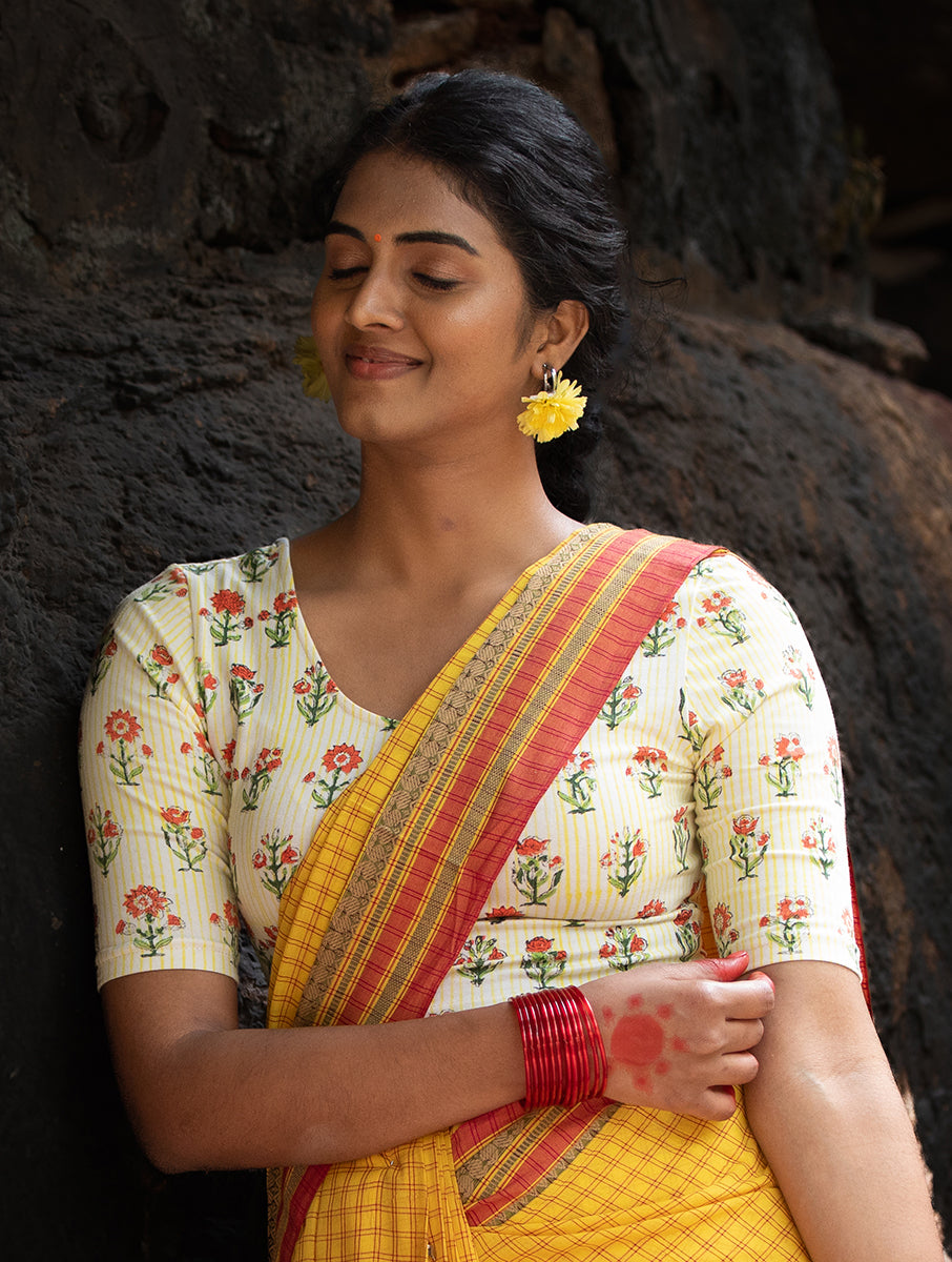 Yellow Striped and Boota Sanganeri Stretchable Blouse/Crop Top