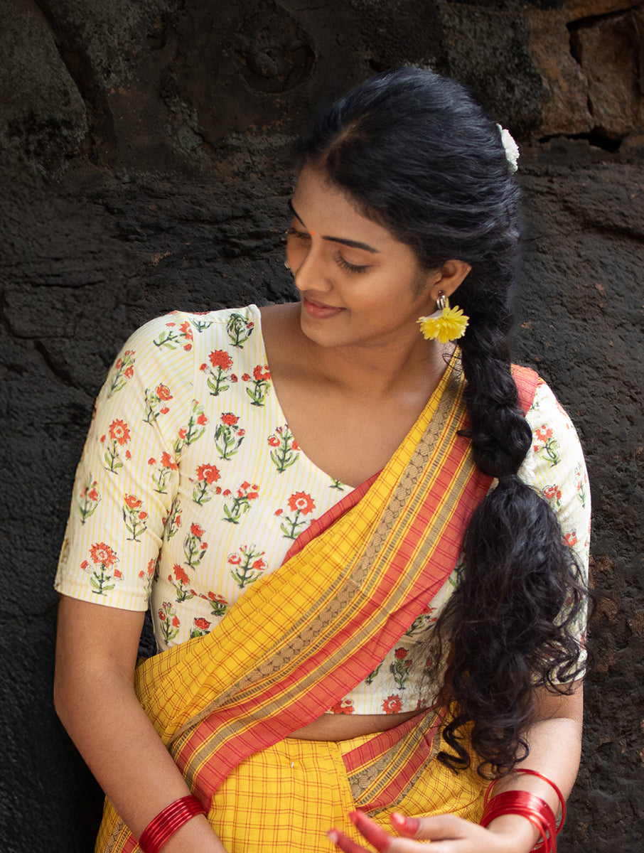 Yellow Striped and Boota Sanganeri Stretchable Blouse/Crop Top