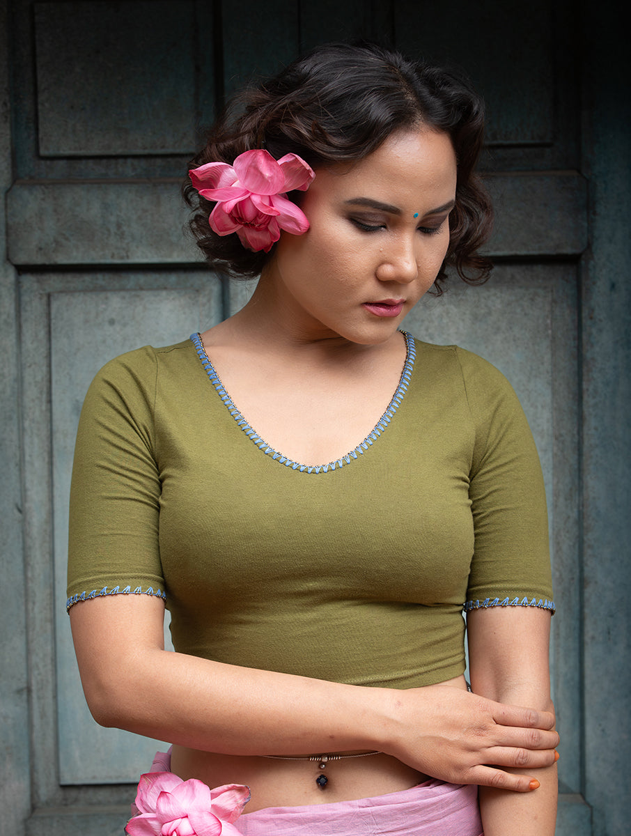 Mehandi Green Hand Embroidered Stretchable Blouse/Crop Top