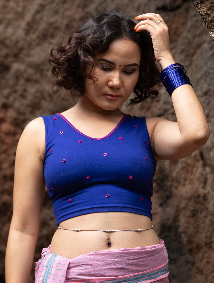 Blue Hand Embroidered Stretchable Sleeveless Blouse/Crop Top
