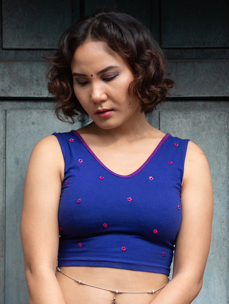 Blue Hand Embroidered Stretchable Sleeveless Blouse/Crop Top