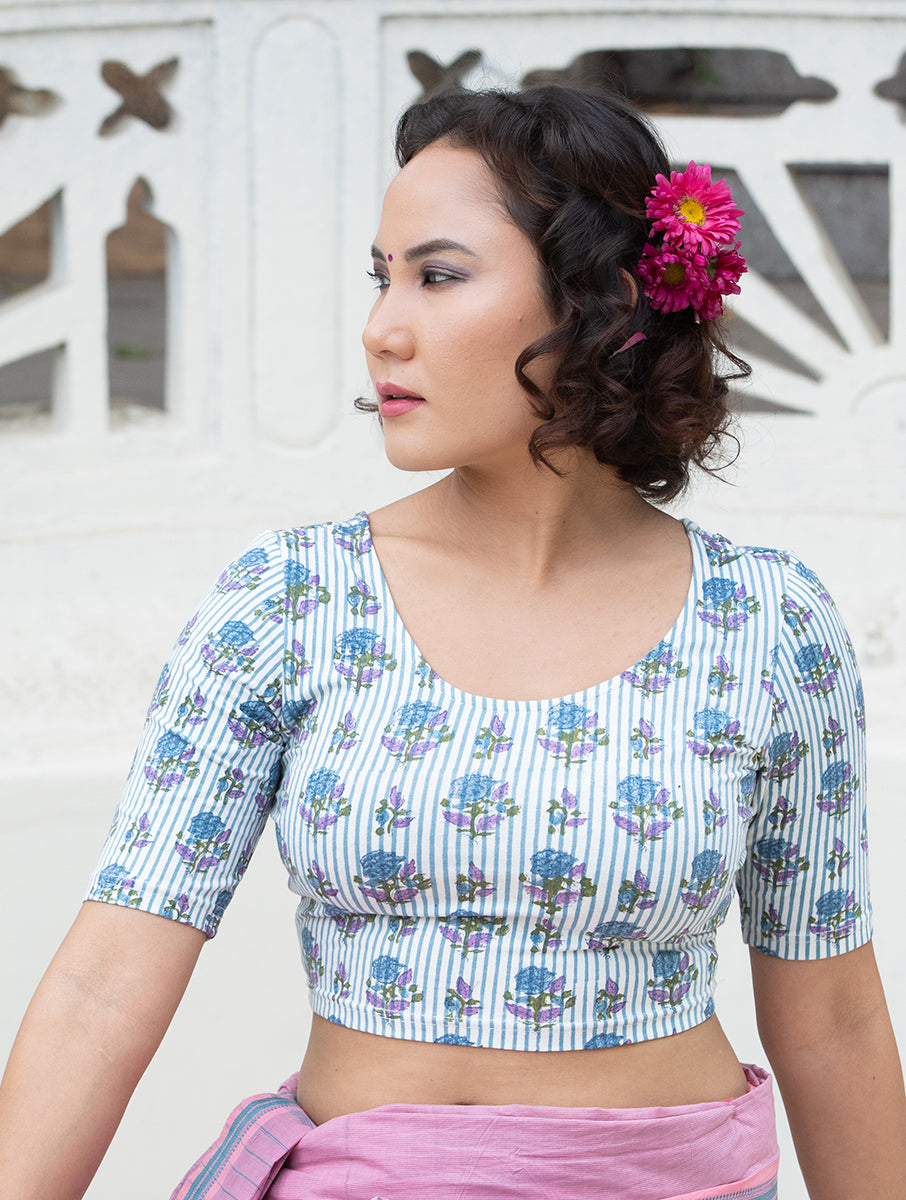 Purple Striped and Boota Sanganeri Stretchable Blouse/Crop Top