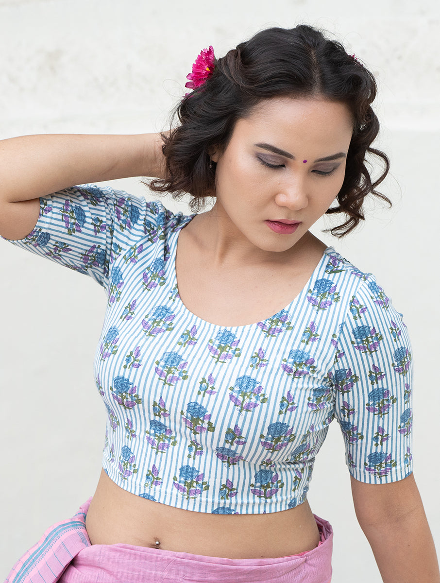 Purple Striped and Boota Sanganeri Stretchable Blouse/Crop Top