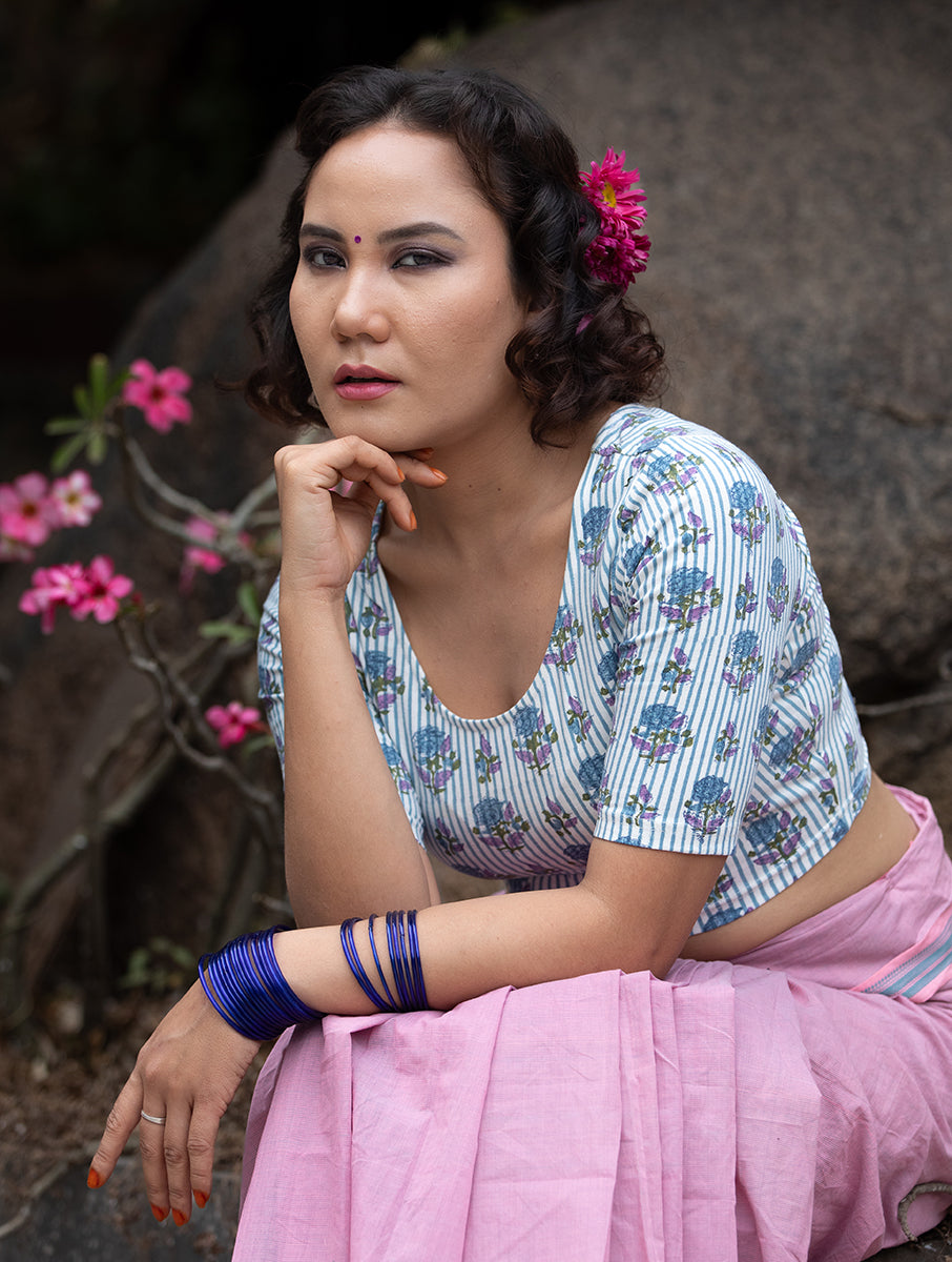 Purple Striped and Boota Sanganeri Stretchable Blouse/Crop Top