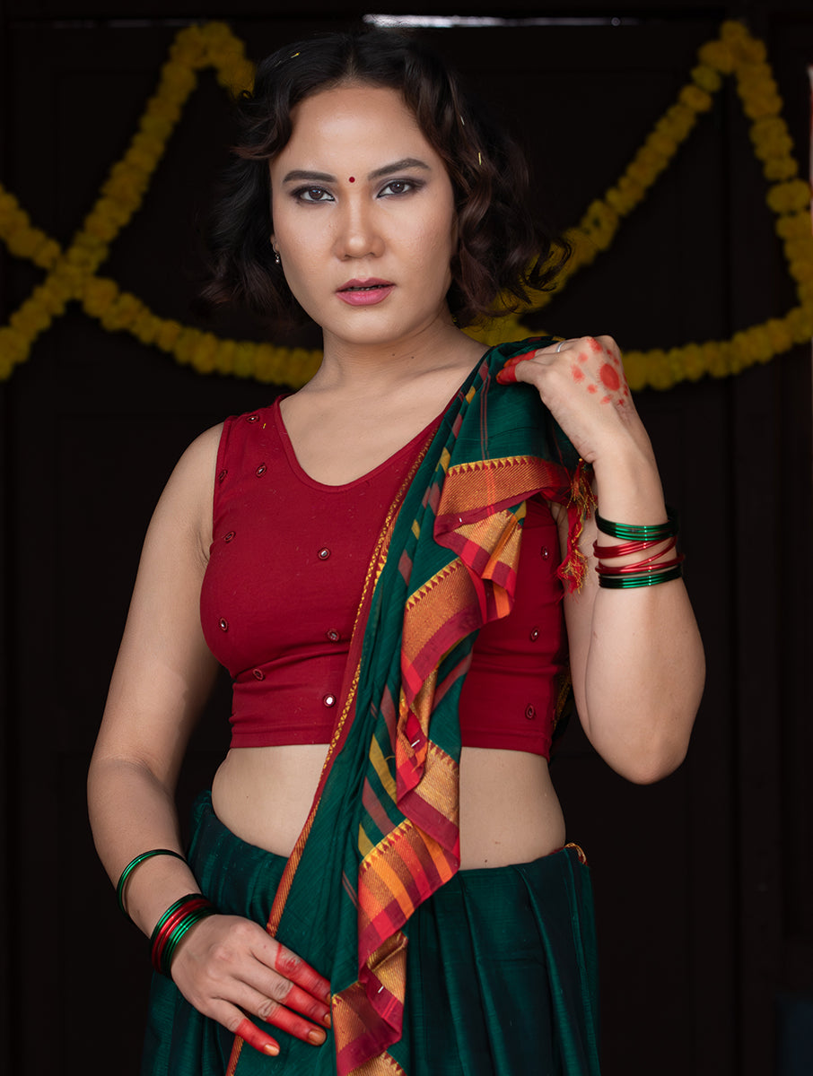 Maroon Mirror Hand Embroidered Stretchable Sleeveless Blouse/Crop Top