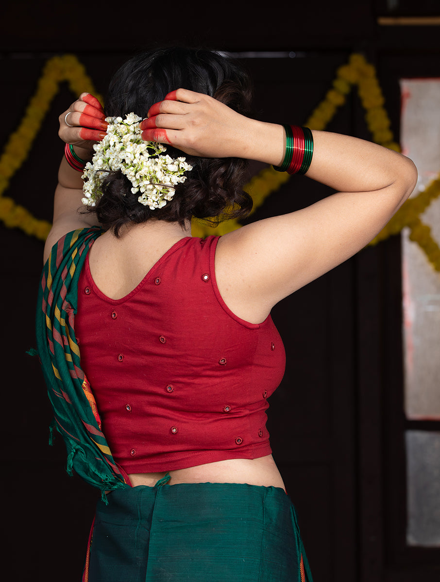 Maroon Mirror Hand Embroidered Stretchable Sleeveless Blouse/Crop Top