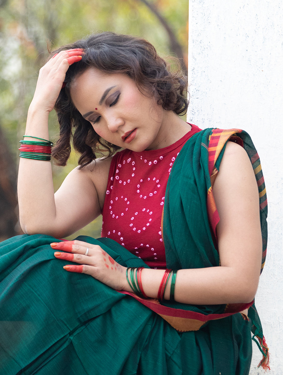 Maroon Chakri Bandhej Highneck Stretchable Blouse/Crop Top