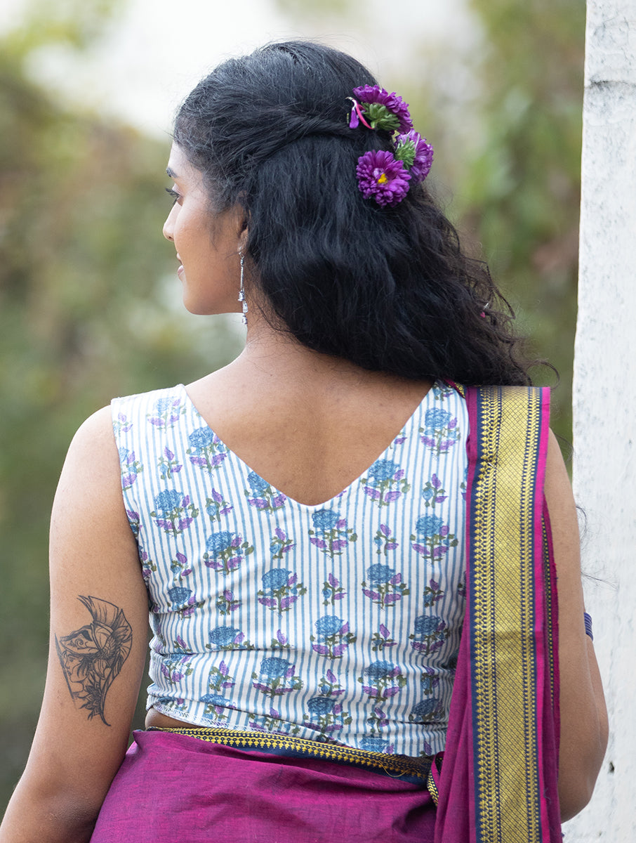 Purple Striped and Boota Sanganeri Sleeveless Stretchable Blouse/Crop Top