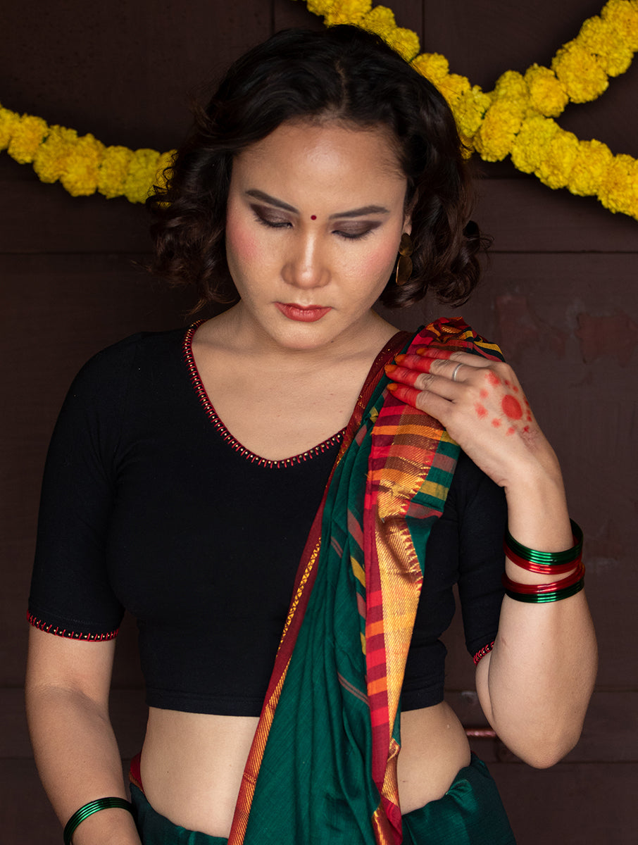 Black Hand Embroidered Stretchable Blouse/Crop Top in V-Neck