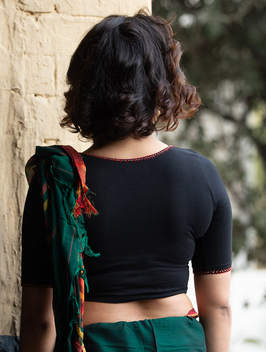 Black Hand Embroidered Stretchable Blouse/Crop Top