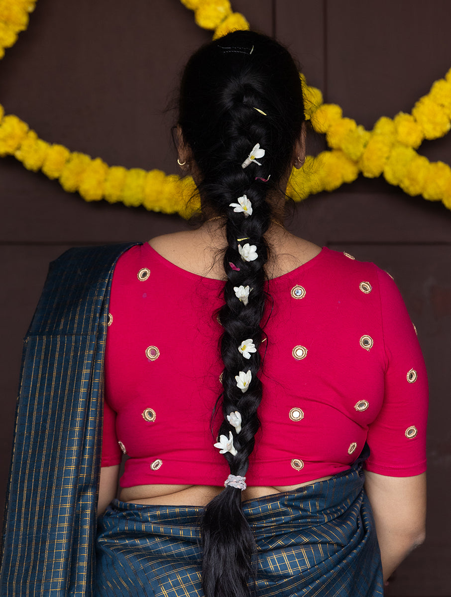 Pink Mirror Embroidered Stretchable Blouse/Crop Top