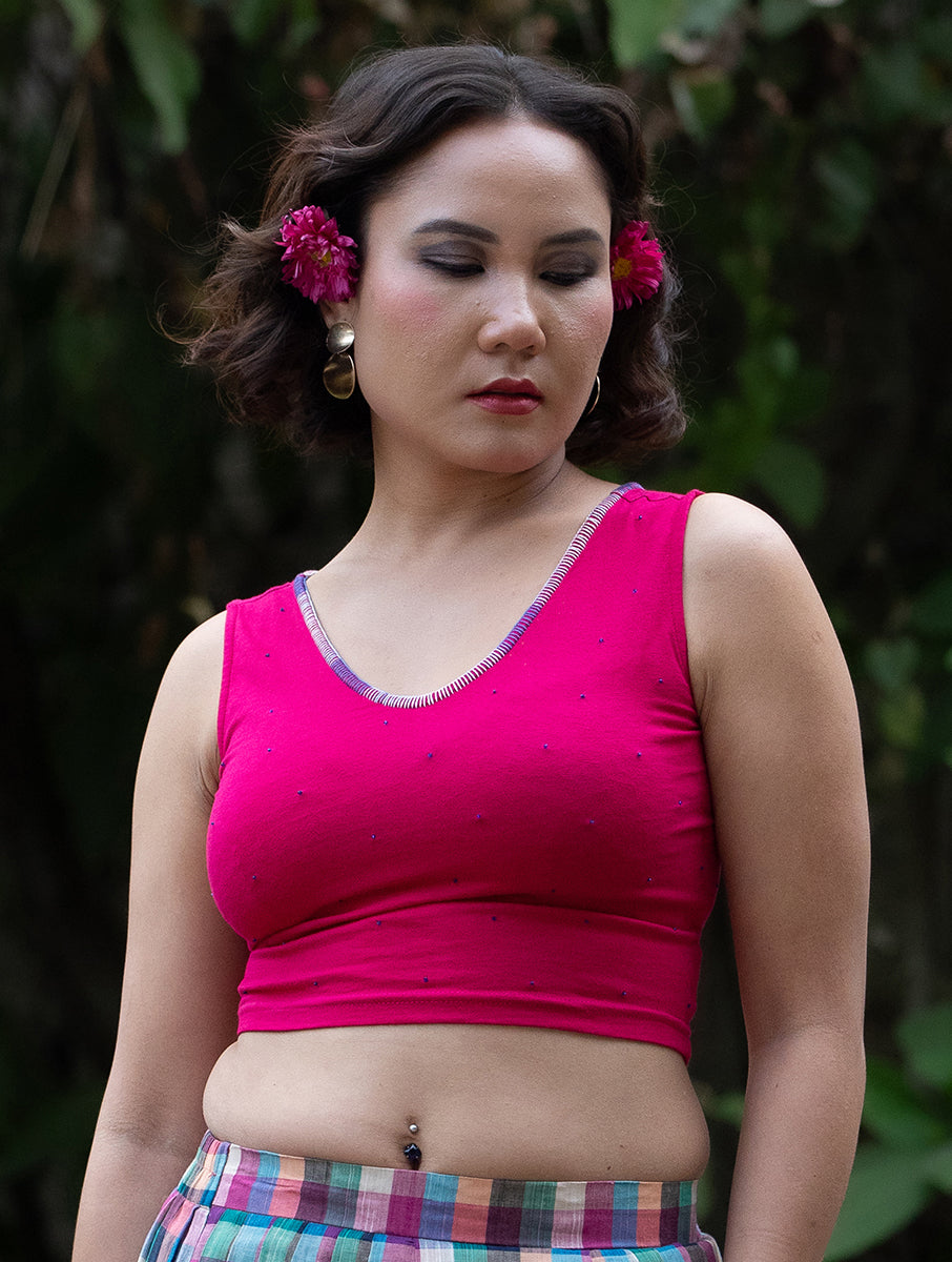 Pink Hand Embroidered Stretchable Sleeveless Blouse/Crop Top