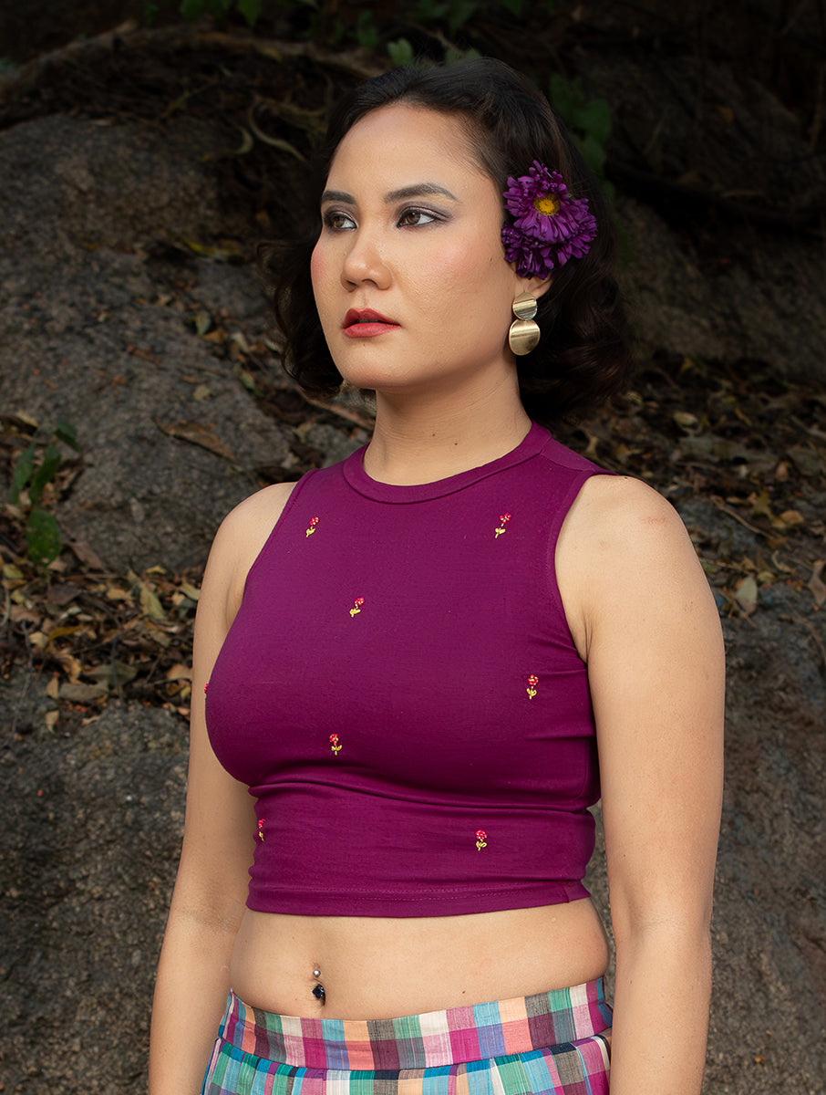 Purple Emboridery HighNeck Stretchable Blouse/Crop Top