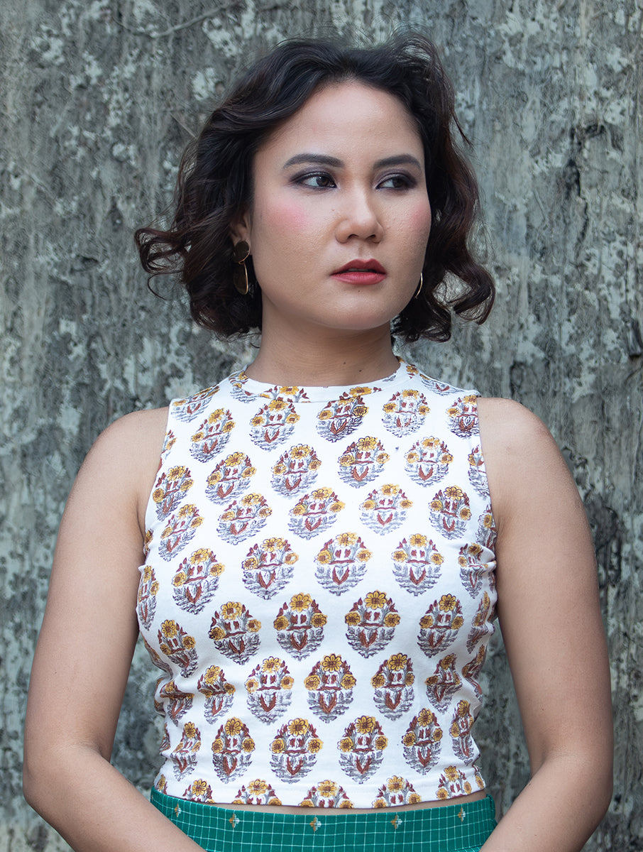 Mustard White Boota Sanganeri Highneck Stretchable Blouse/Crop Top