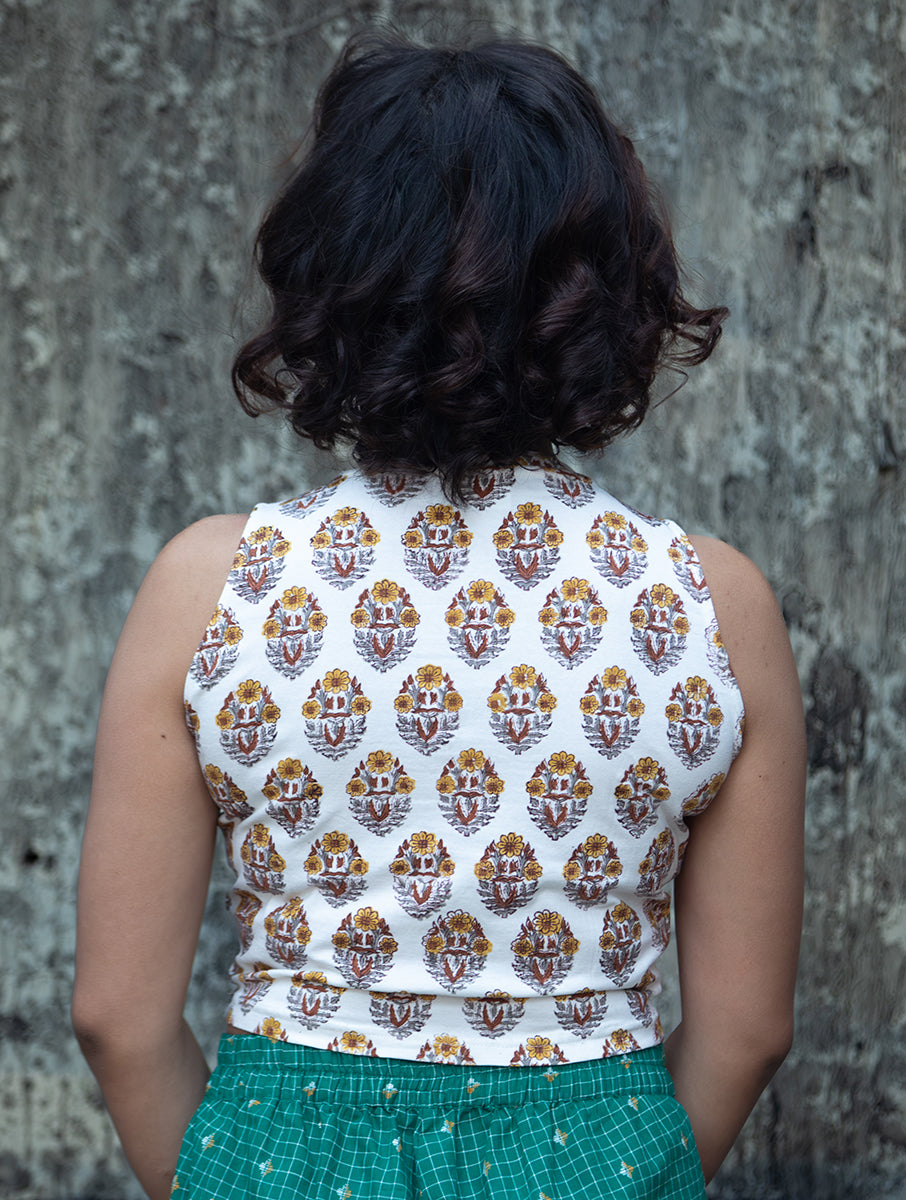 Mustard White Boota Sanganeri Highneck Stretchable Blouse/Crop Top