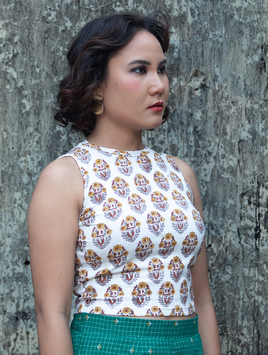 Mustard White Boota Sanganeri Highneck Stretchable Blouse/Crop Top