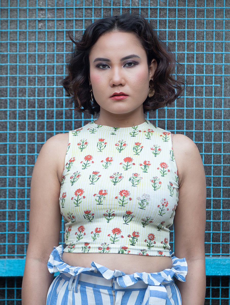 Yellow Striped and Boota Sanganeri Highneck Stretchable Blouse/Crop Top