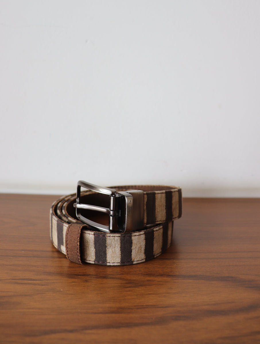 Brown Striped Dabu Printed and Vegan Leather Cork Reversible Belt