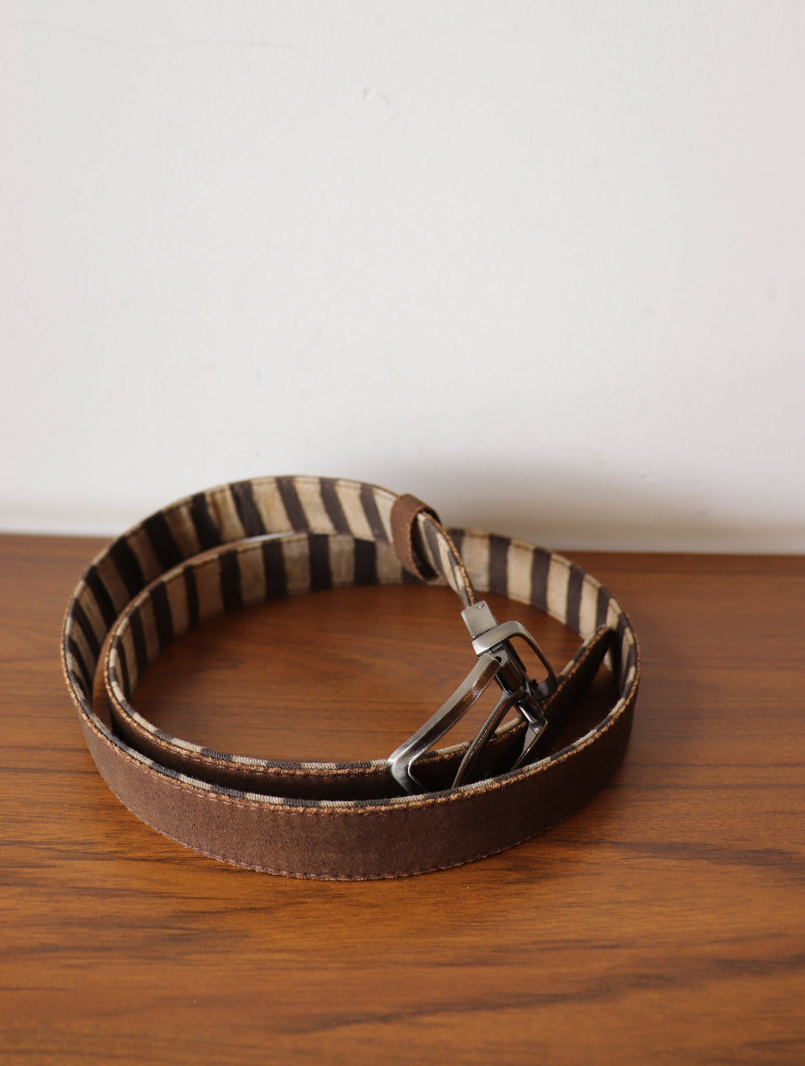 Brown Striped Dabu Printed and Vegan Leather Cork Reversible Belt