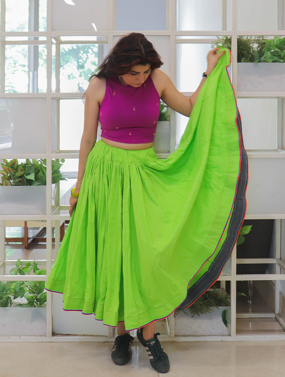 House of Tai Handcrafted Haryanvi Neon Green Dhaman - 32 Kali Heritage Flared Skirt