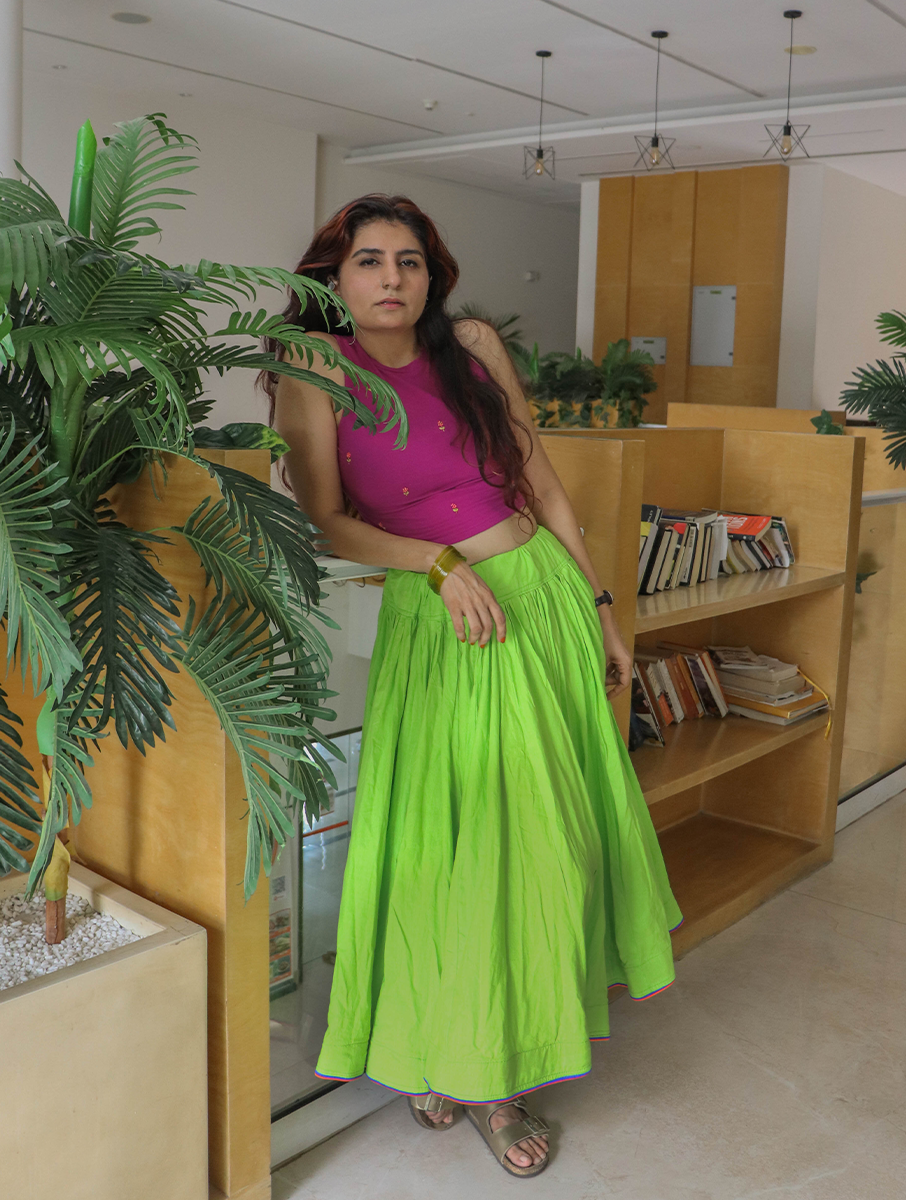 House of Tai Handcrafted Haryanvi Neon Green Dhaman - 32 Kali Heritage Flared Skirt