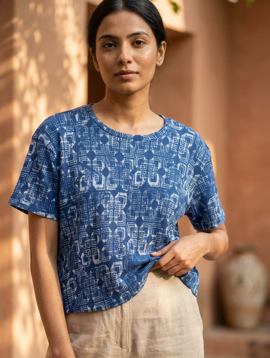 Indigo Square Dabu Printed Crop Top T-Shirt