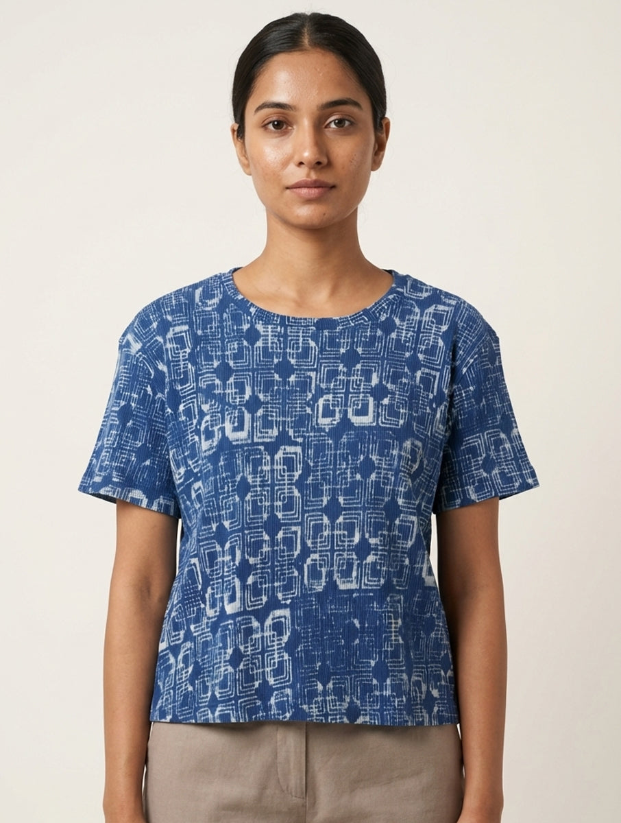 Indigo Square Dabu Printed Crop Top T-Shirt