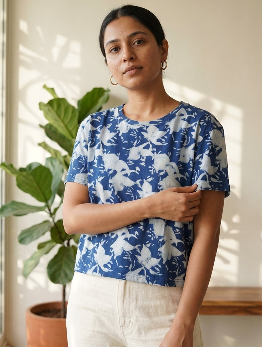 Indigo Splash Dabu Printed Crop Top T-Shirt