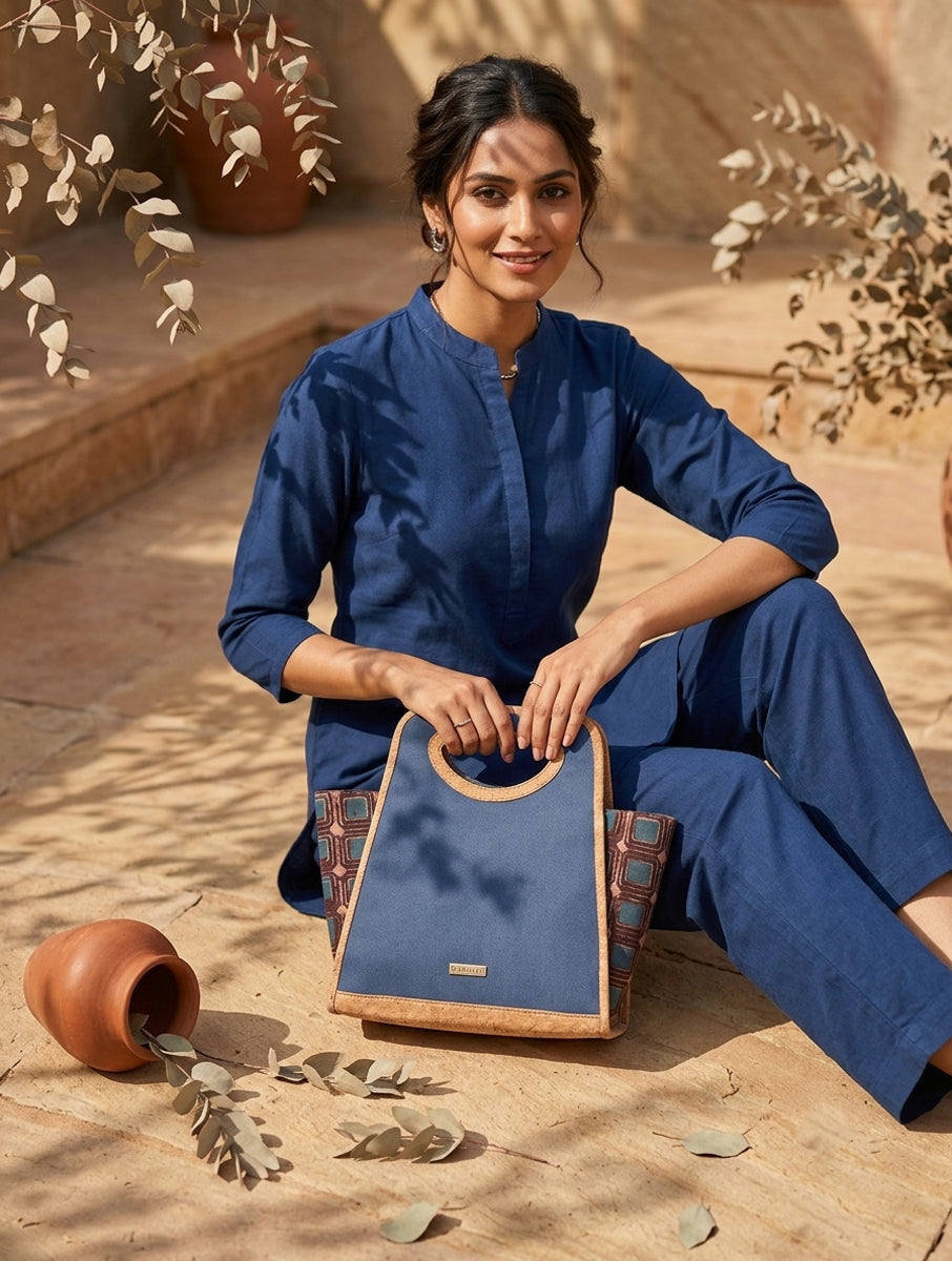 Indigo Wine Multi Box Dabu Printed and Vegan Leather Basket Hand Bag cum Sling Bag