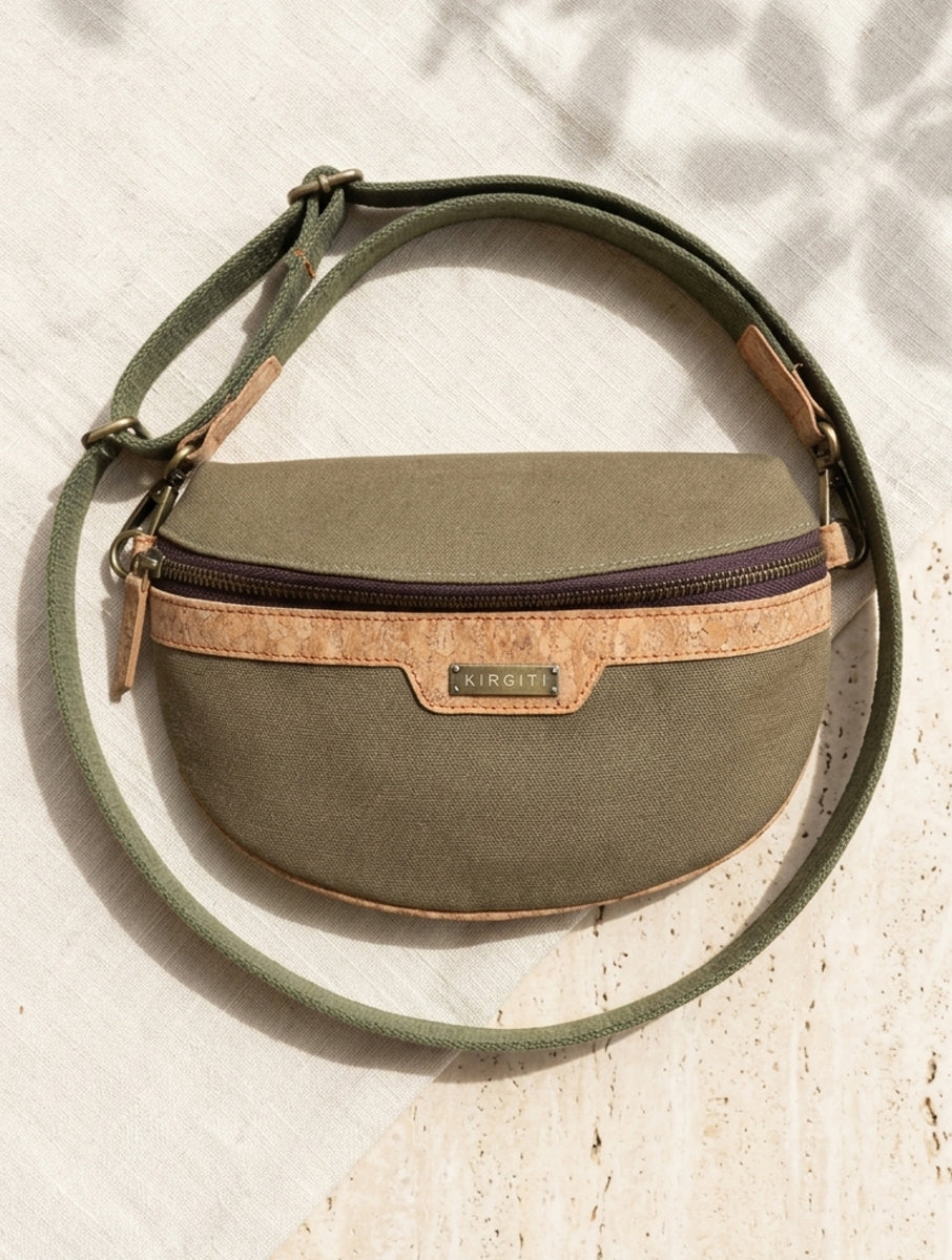 Khaki Dabu Printed And Vegan Leather Cross Body Cum Waist Bag
