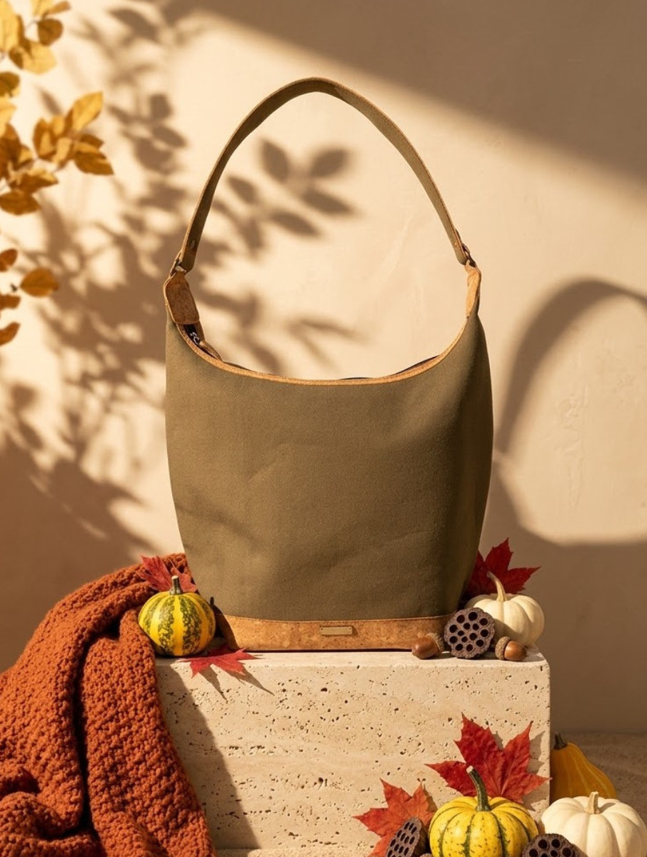 Khaki Dabu Printed And Vegan Leather Cork Basket Tote Bag