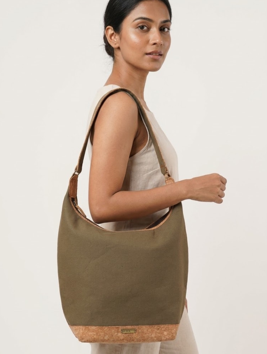 Khaki Dabu Printed And Vegan Leather Cork Basket Tote Bag