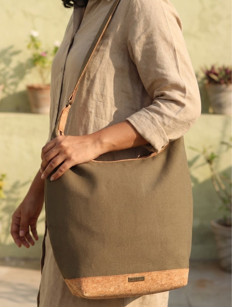 Khaki Dabu Printed And Vegan Leather Cork Basket Tote Bag