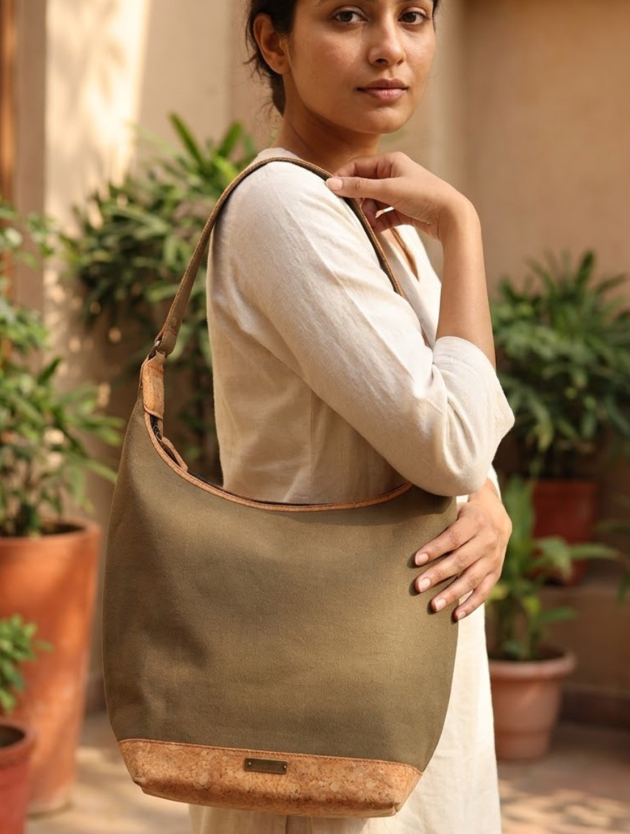 Khaki Dabu Printed And Vegan Leather Cork Basket Tote Bag