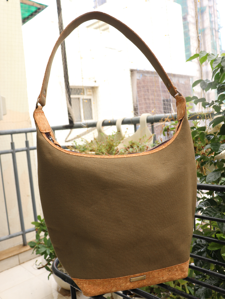 Khaki Dabu Printed And Vegan Leather Cork Basket Tote Bag