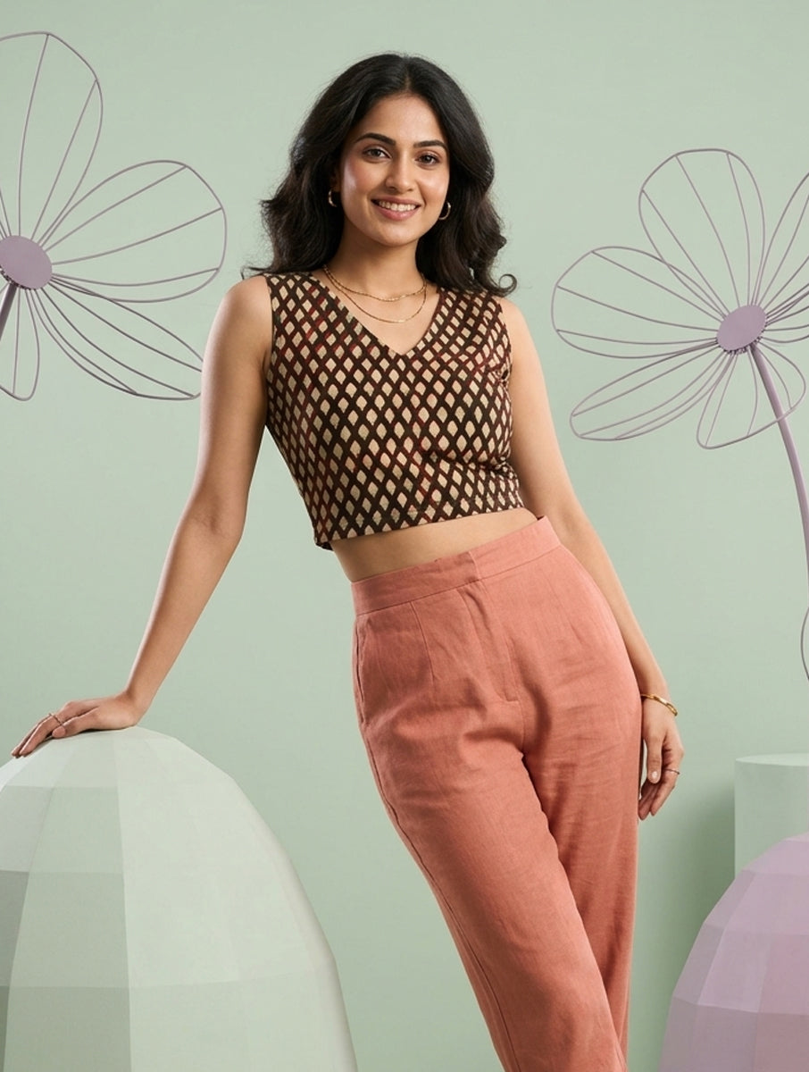 Maroon Boota Dabu Printed Stretchable Blouse/Crop Top