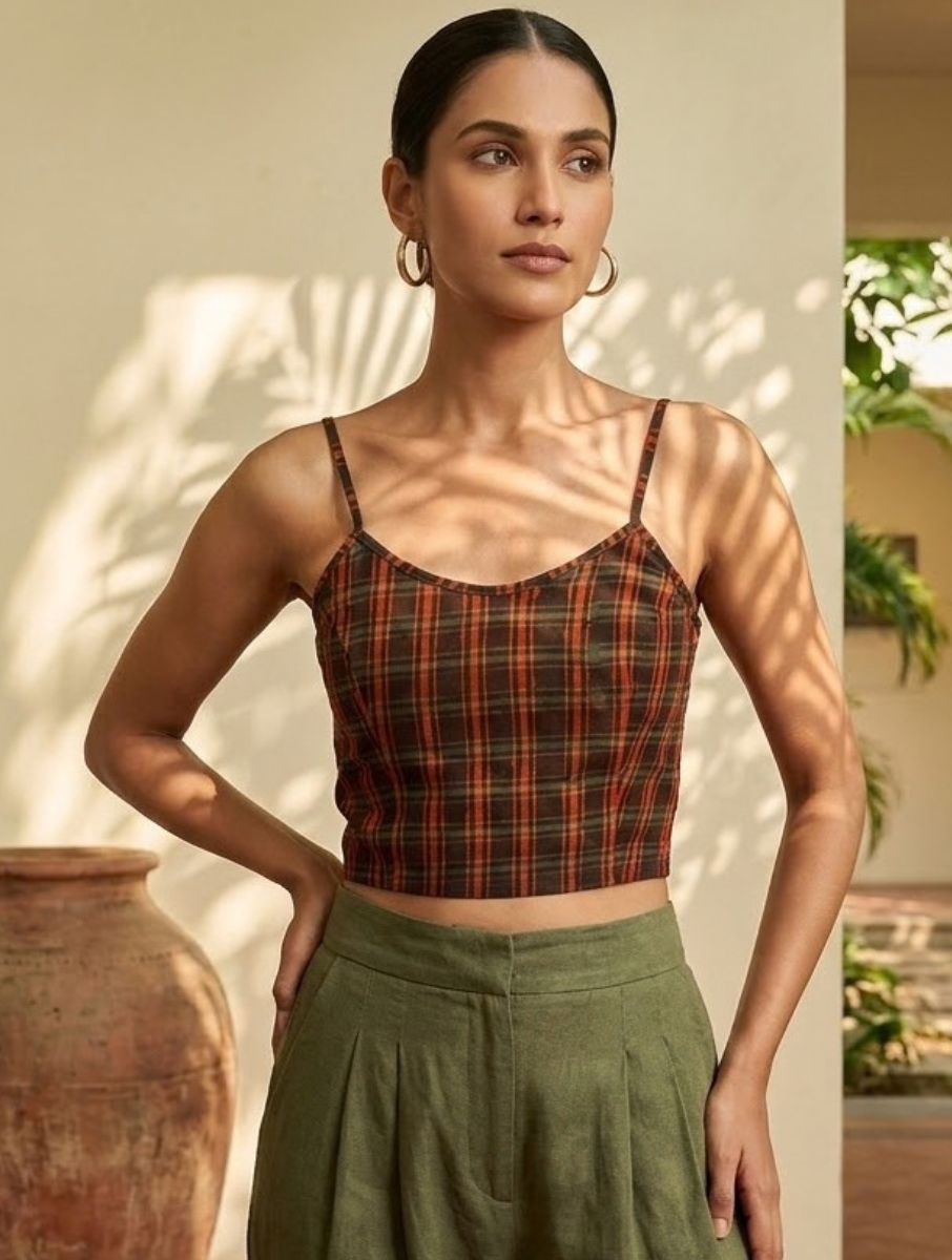 Maroon Checks Dabu Printed Stretchable Spaghetti Blouse/Crop Top