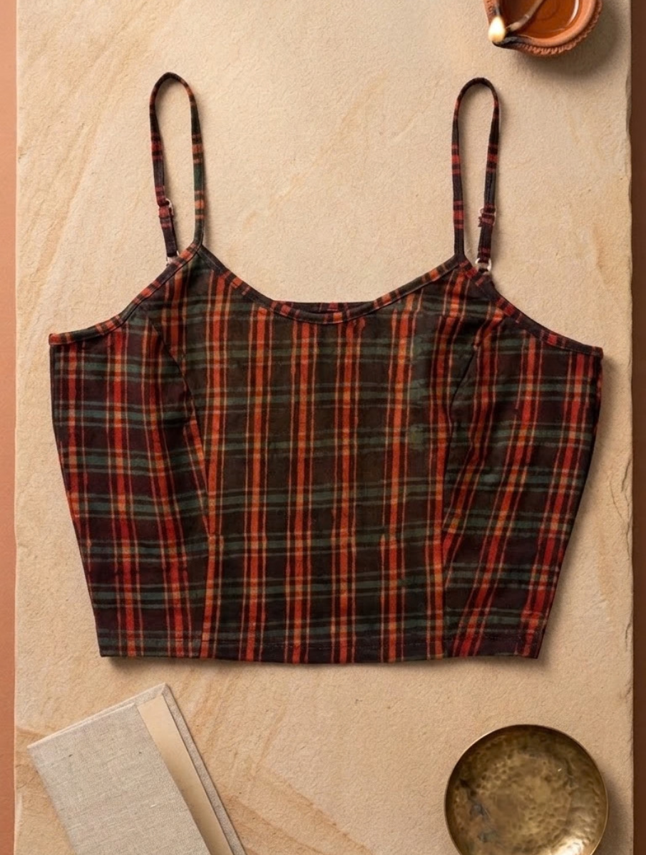 Maroon Checks Dabu Printed Stretchable Spaghetti Blouse/Crop Top
